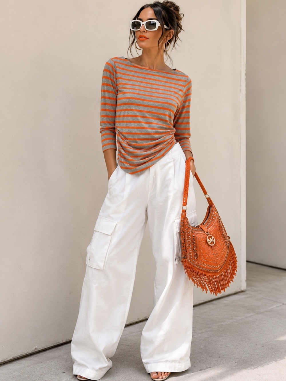 Michael Kors Gray and Orange Striped Top Size PS